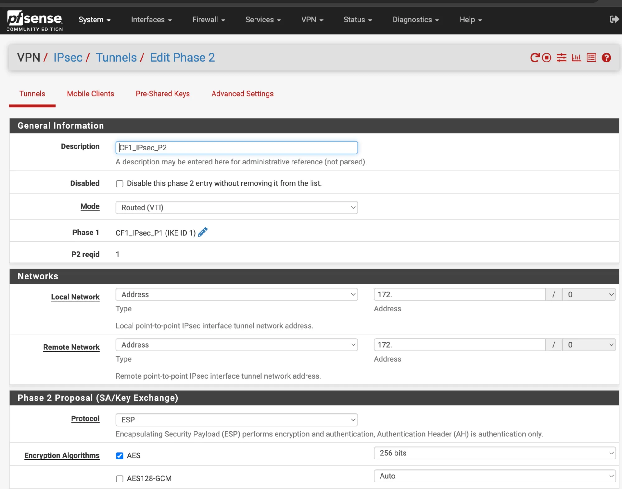 pfSense IPsec phase 2 settings