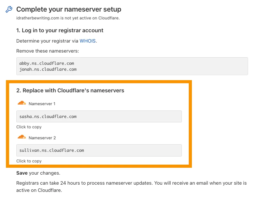 Find nameserver names on the Overview page of your domain