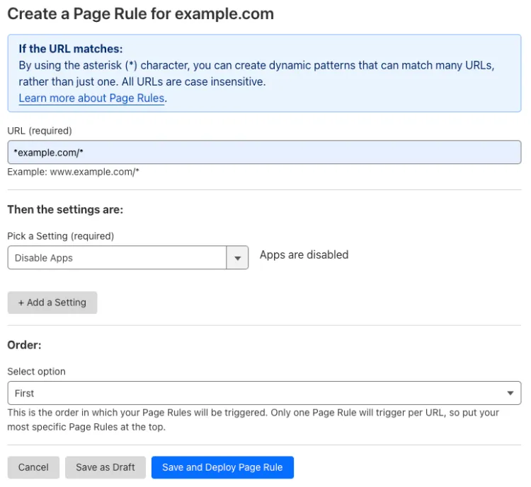 Example Page Rule with 'Disable Apps' setting