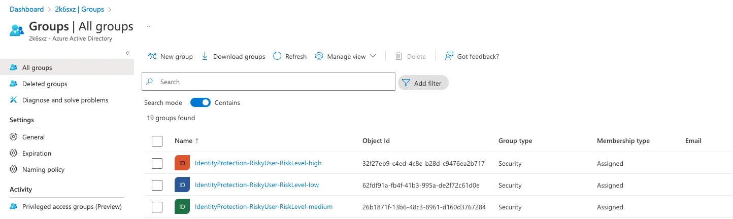 Risky user groups in the Entra ID dashboard